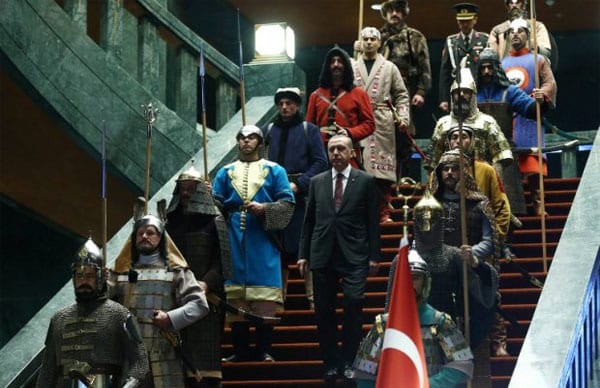 Turkey’s elections: AKP loses absolute majority, thwarts Erdogan’s bid for executive presidency. Erdogan down the steps of the presidential palace in Ankara, amid 16 soldiers wearing uniforms of 16 states founded by Turks throughout history, to host his Palestinian counterpart Mahmoud Abbas
