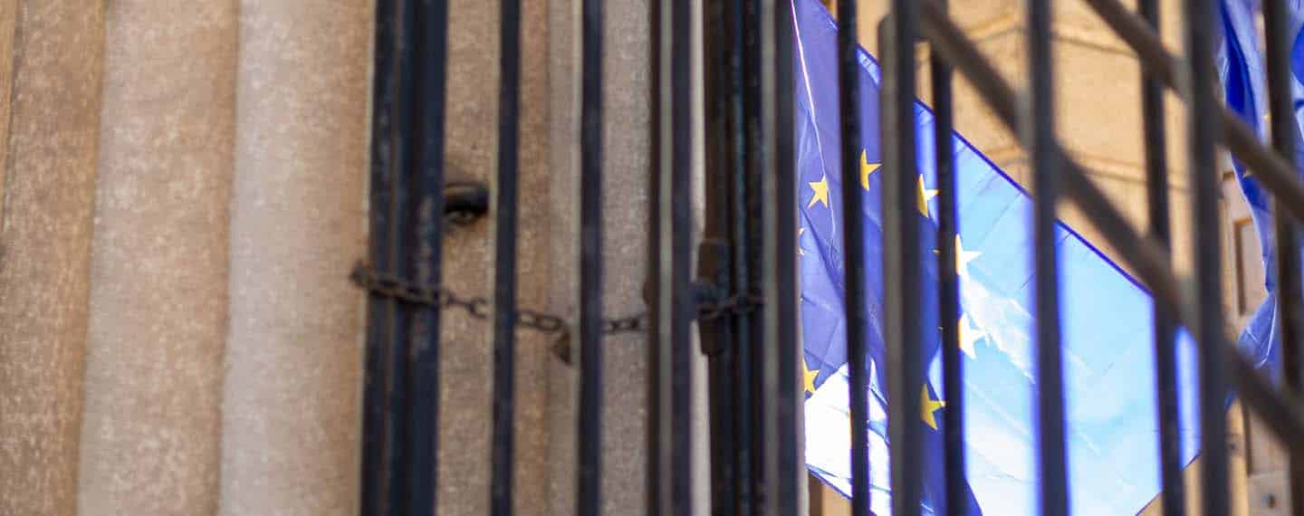 Democracies vs autocracies. European Union flag at a rally of support for Ukraine