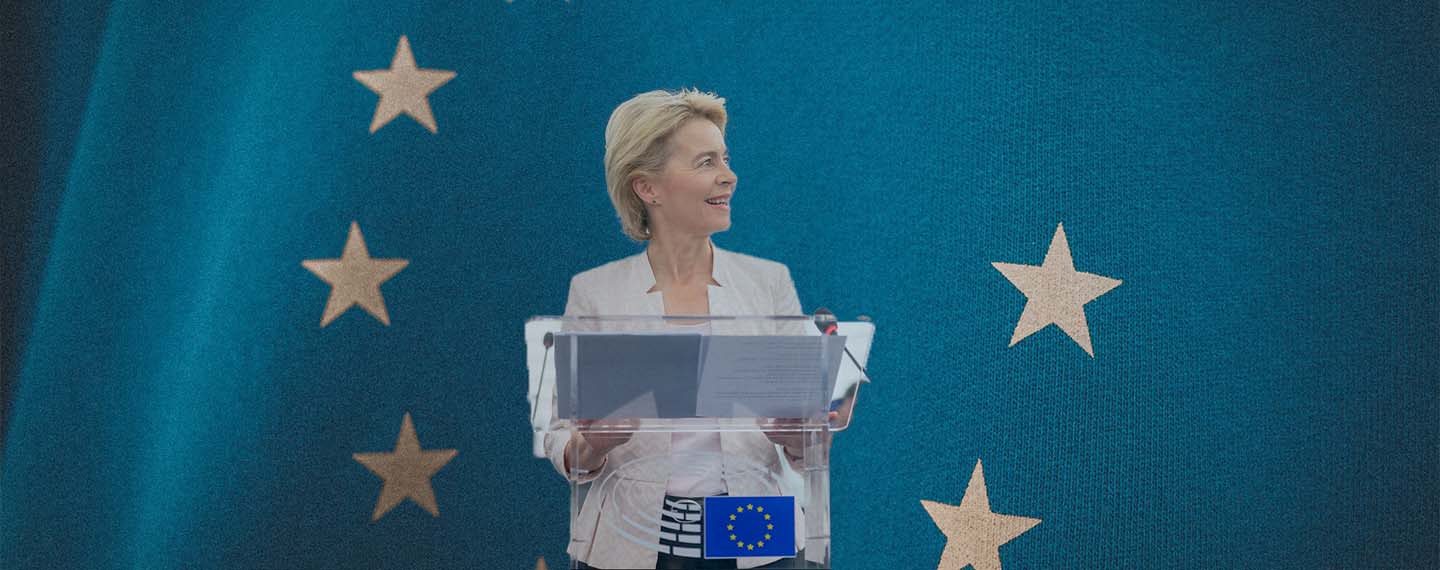 Political cycle. Ursula Von der Leyen, President of the European Commission, and the European Union flag.