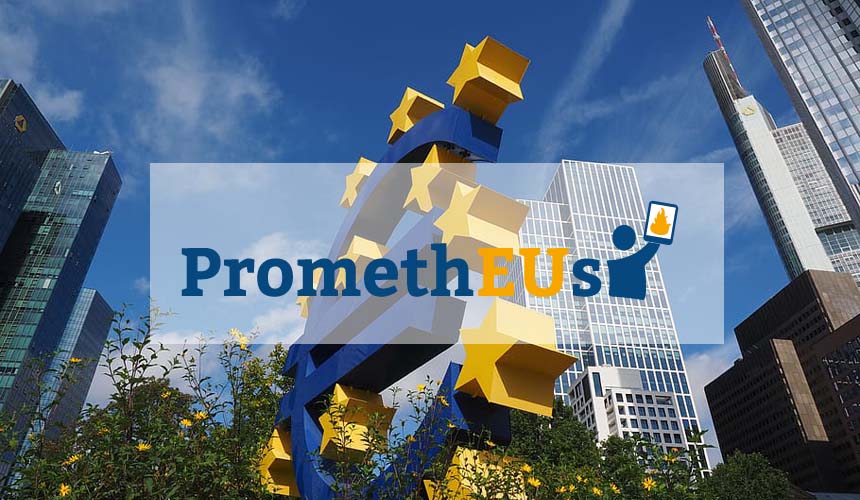 The PromethEUs network logo with an image of the euro sign sculpture by Ottmar Hörl in Frankfurt on the background