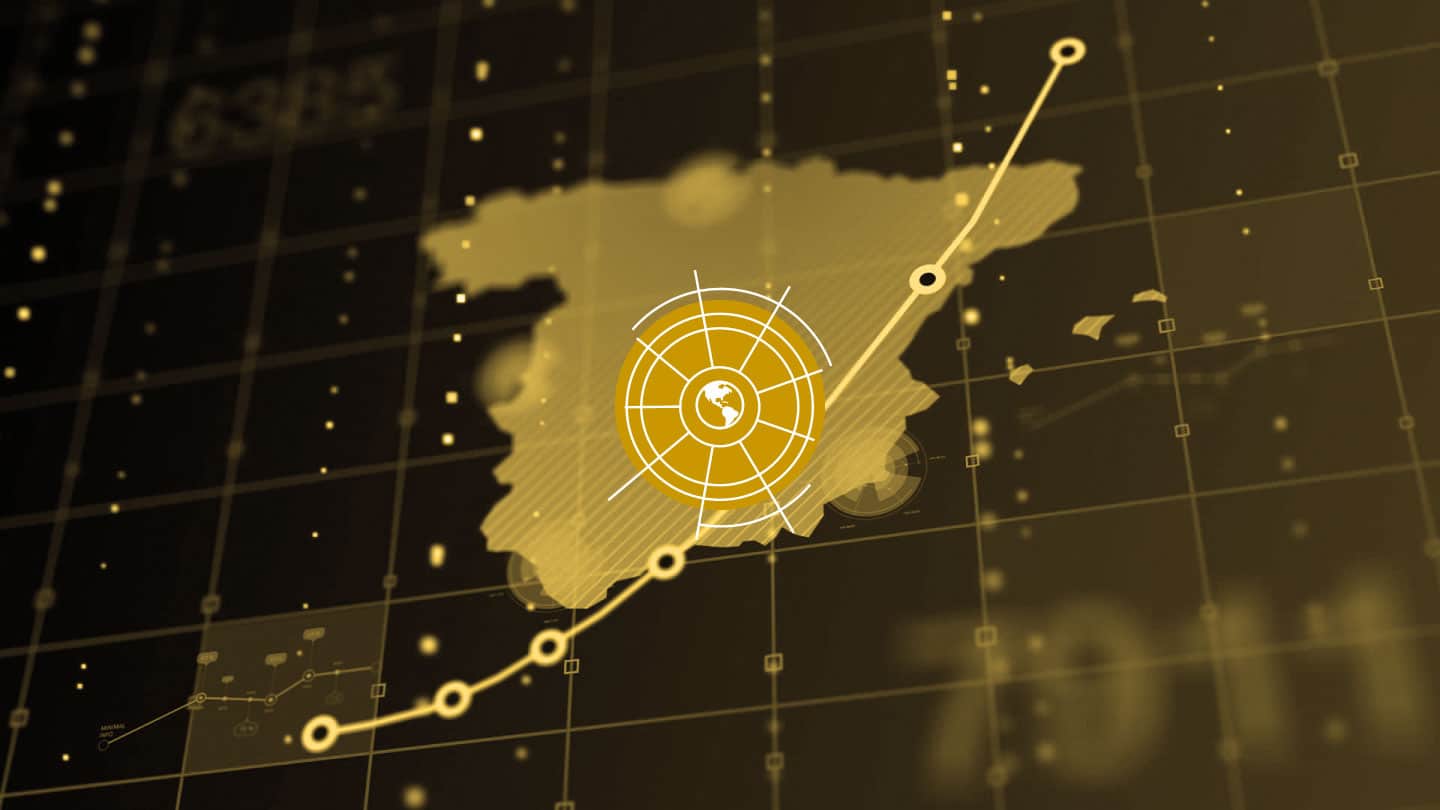España en el mundo 2023: perspectivas y desafíos en América Latina. Mapa de España digital con logo del eje América Latina del Real Instituto Elcano