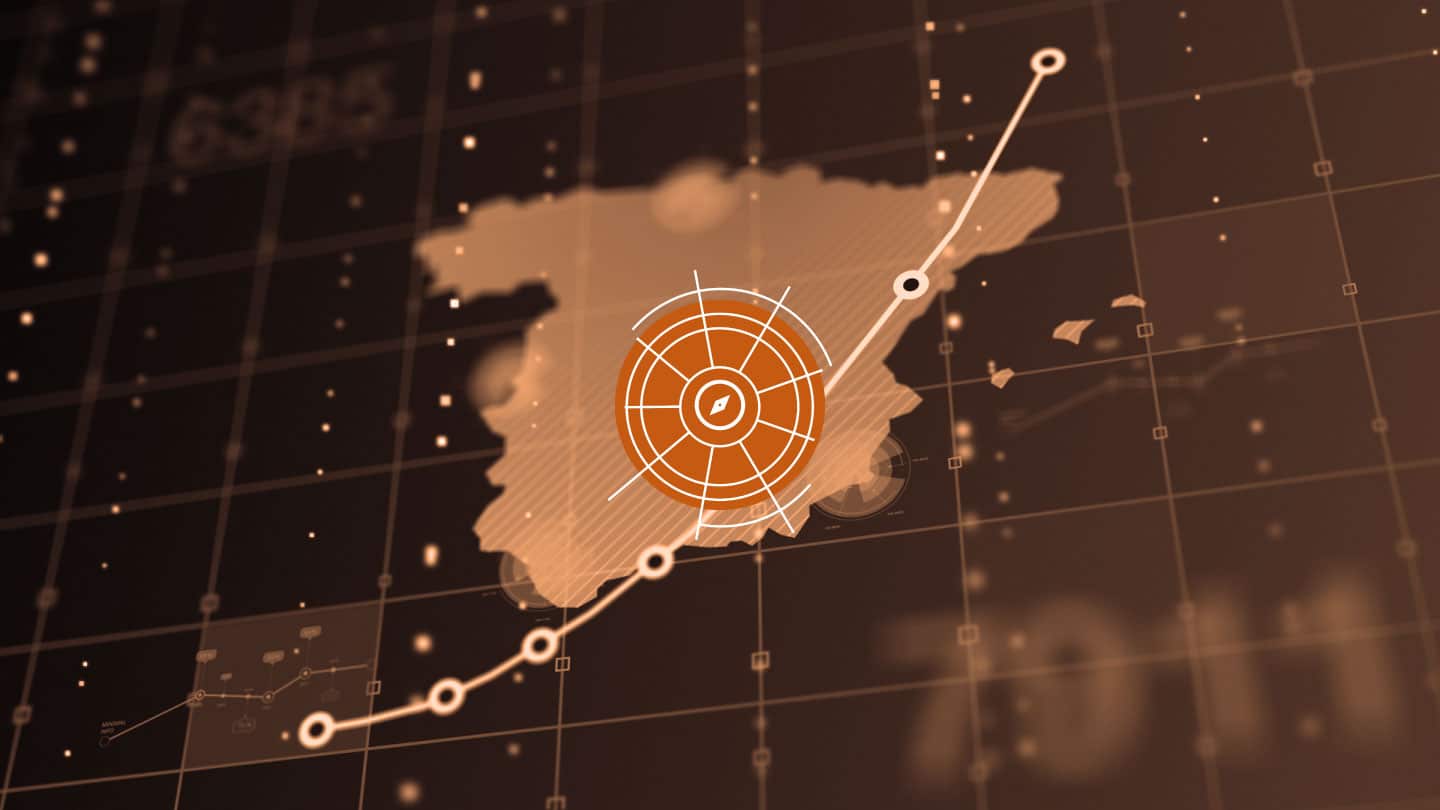 Mapa de España digital con logo del eje China, EEUU y nuevo orden mundial del Real Instituto Elcano