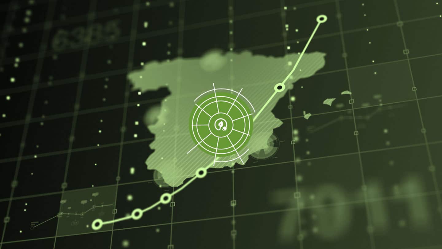 Mapa de España digital con logo del eje clima y energía del Real Instituto Elcano