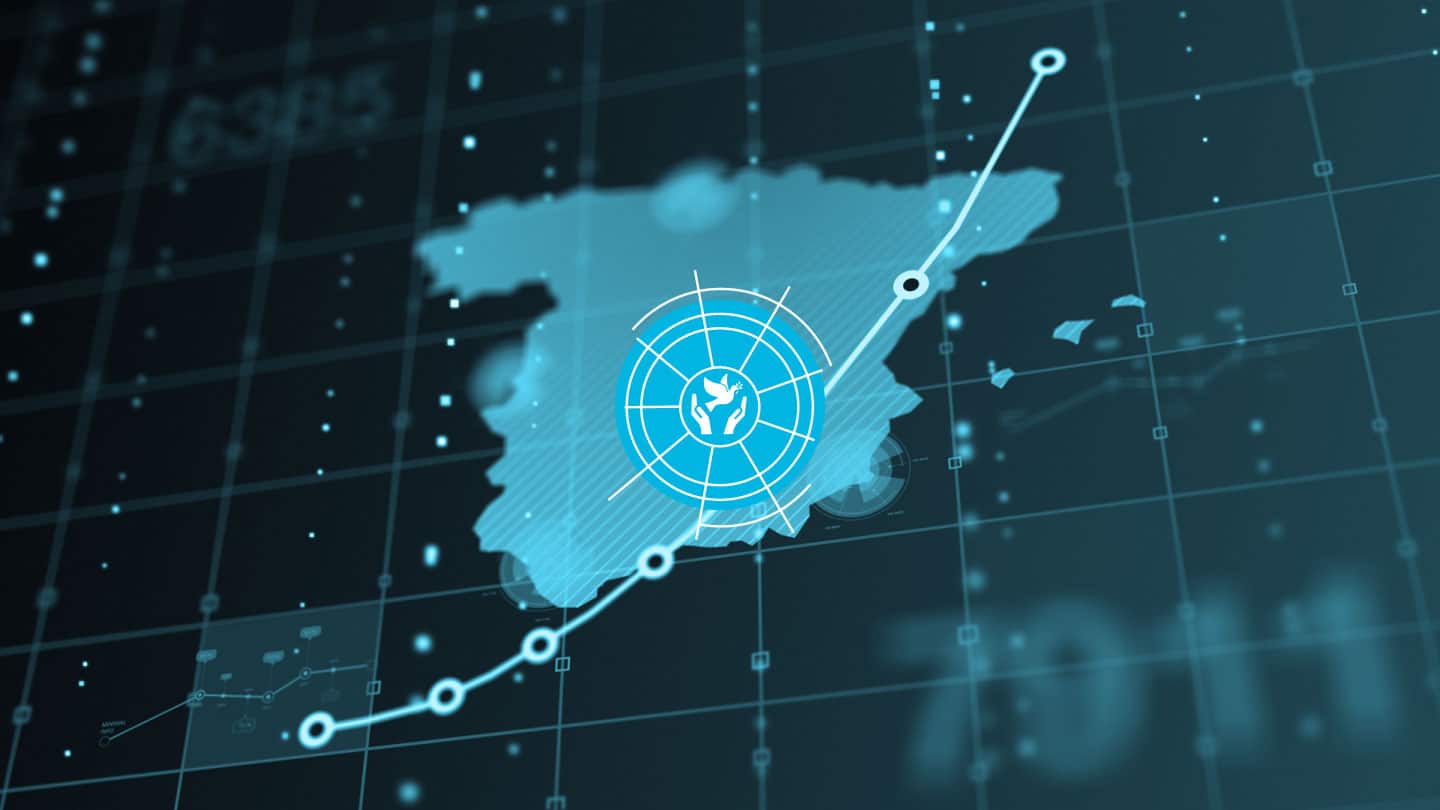 Mapa de España digital con logo del eje seguridad internacional del Real Instituto Elcano