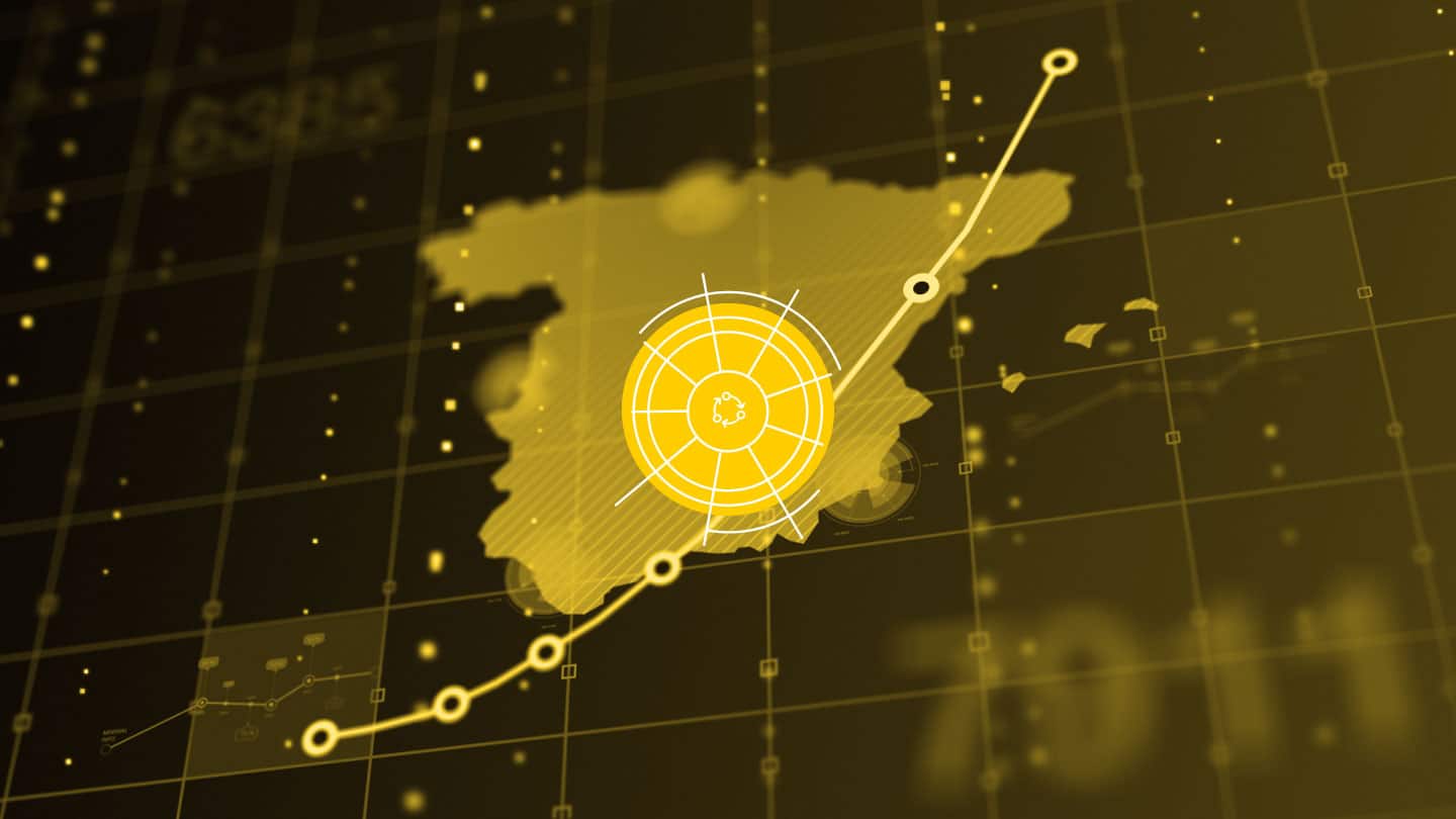 Mapa de España digital con logo del eje retos y oportunidades de la vecindad del Real Instituto Elcano