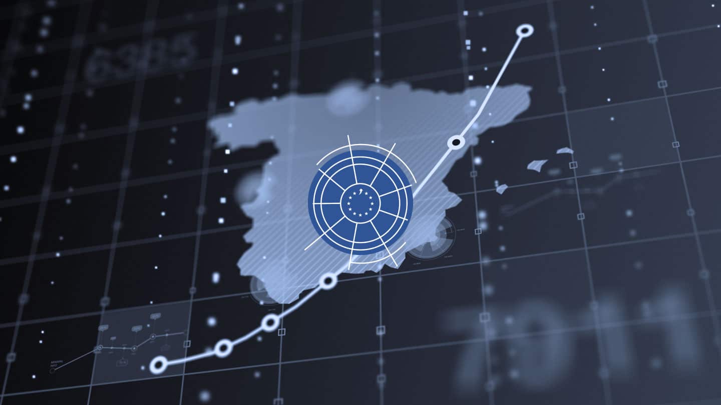 Política europea. Mapa de España digital con logo del eje futuro de Europa del Real Instituto Elcano