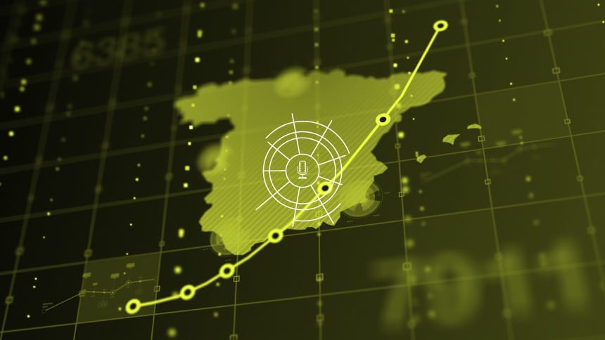 Mapa de España en el mundo en 2023 con logo del podcast Conversaciones Elcano del Real Instituto Elcano
