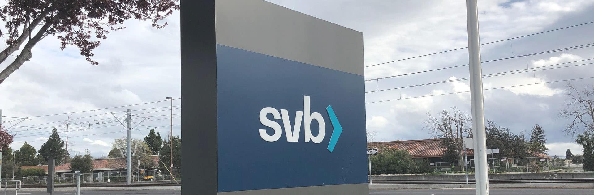 The monument sign in front of the parking lot of a Silicon Valley Bank Financial Group office at Santa Clara, California, next door to the headquarters