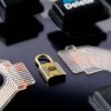 Imagen de concepto de ciberseguridad. Candado sobre el fondo de una placa base de ordenador