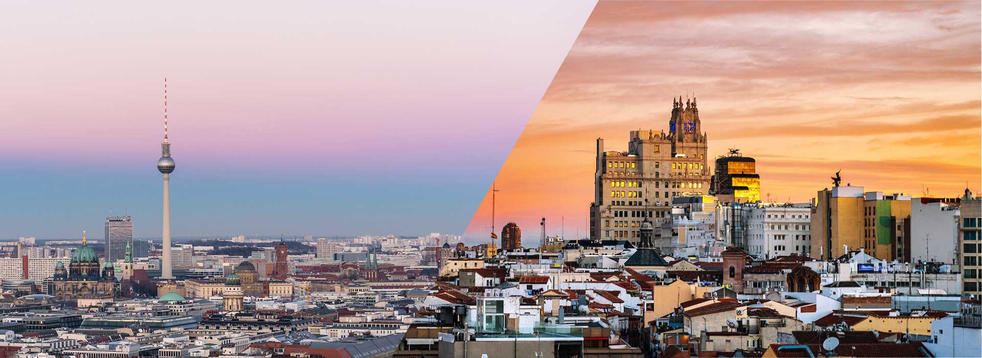 Relaciones entre España y Alemania. Imágenes panorámicas de las ciudades de Berlín (a la izquierda) y Madrid (a la derecha)
