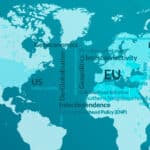 The EU and its Southern and Eastern Neighbourhood Policy. World map on a gradient blue background with an English word cloud in the centre