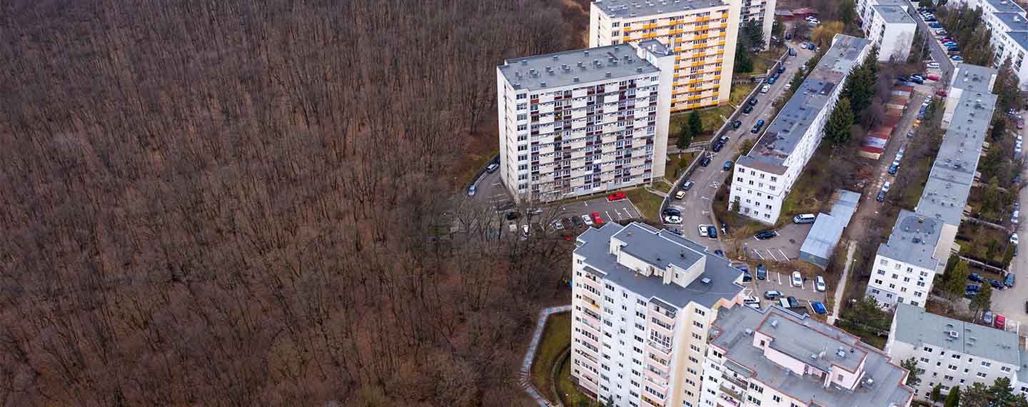 Urban vs nature, residential area against forest.