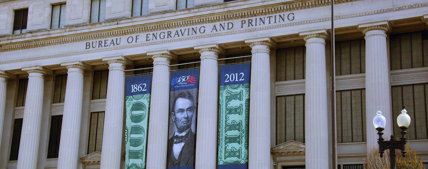 Us dollar. 15th Street SW entrance of the US Bureau of Engraving and Printing building in Washington, D.C. As can be seen from the banners, the Bureau of Engraving and Printing (BEP) is celebrating its 150th anniversary