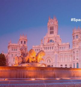 Spanish Pre-Presidency Conference in Madrid. Fountain in the Plaza de Cibeles in Madrid. In the background, the building of the Spanish Post Office, currently the headquarters of Madrid City Hall