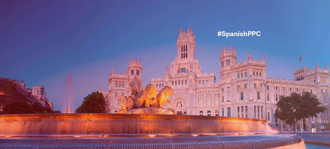 Conferencia preparatoria sobre la Presidencia española de la UE. Fuente de la Plaza de Cibeles en Madrid. Al fondo, el edificio de Correos de España, actualmente sede del Ayuntamiento de Madrid