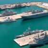 Defensa. de la base naval de Rota en Cádiz, España, con los muelles, plataformas y fragatas. Ministerio de Defensa