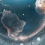 Ciberdiplomacia. Imagen satelital del globo terráqueo destacando América Latina con estilo cibernético