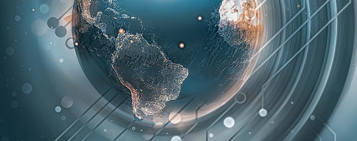 Ciberdiplomacia. Imagen satelital del globo terráqueo destacando América Latina con estilo cibernético