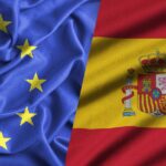 Spain’s presidency of the Council of the EU. Flags of the European Union and Spain