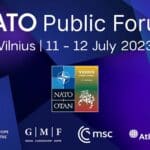 Logo and brand of the 2023 NATO Public Forum in Vilnius, Lithuania