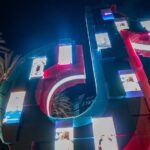 TikTok logo statue with mobile video projections at the VidCon 2022 at the Anaheim Convention Center (USA)