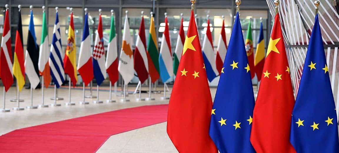 Flags of the European Union and China at the European Council from the cover of the ETNC report titled ‘From a China strategy to no strategy at all’