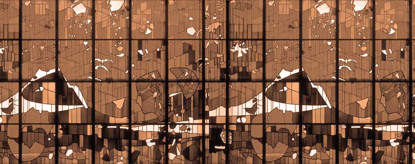 Composición con la foto del Vitral “El nacimiento del hombre” de Héctor Poleo, tomada en 1995 en la estación de metro La Paz en Caracas, Venezuela