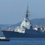 Frigate F-101 "Álvaro de Bazán" anchored in the Ría de Pontevedra.