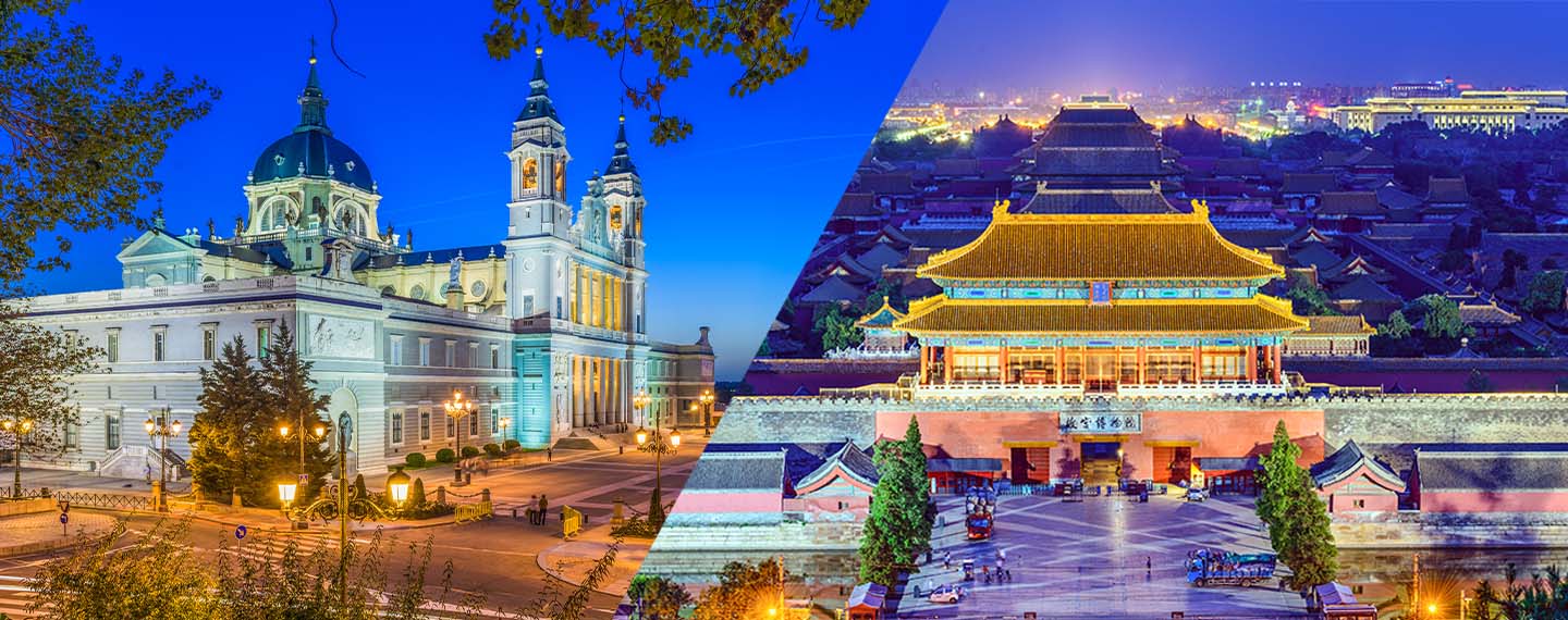 On the left side, the Almudena Cathedral in Madrid, Spain. On the right, the Imperial City of Beijing in China. Spain’s informal China policy