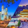 A la izquierda, la Catedral de la Almudena en Madrid, España. A la derecha, la Ciudad Imperial en Pekín, China. La política informal de España hacia China