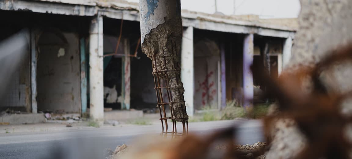 Column destroyed in the old city of Sinjar in northern Iraq during the war against Islamic State in 2019. Global terrorism
