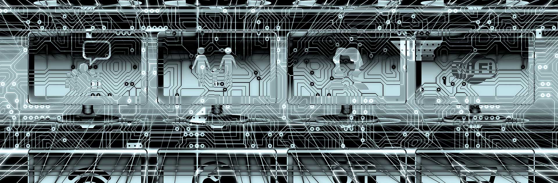 Imagen en blanco y negro con íconos de internet, comunicación, comercio e industria sobre un fondo de circuitos electrónicos integrados y rejillas. Desafío industrial