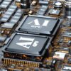 Two graphics processing units (GPU) processors with a lot of chips around on a motherboard. Generative AI