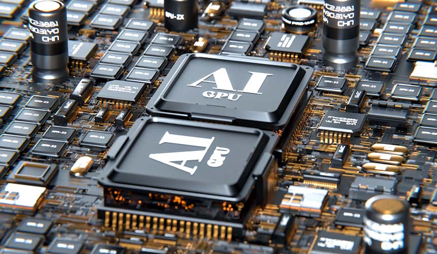 Two graphics processing units (GPU) processors with a lot of chips around on a motherboard. Generative AI