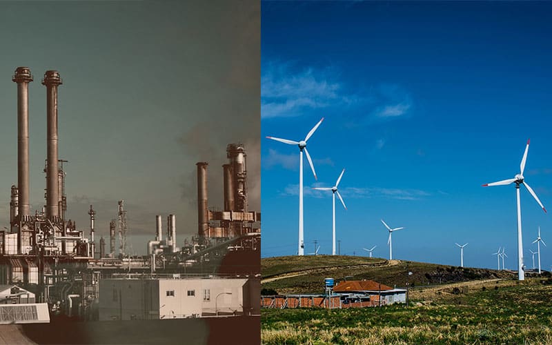 Una imagen compuesta por dos fotos. A la izquierda, una fábrica contaminante en Viena (Austria). A la derecha, un parque eólico de Copel y Wobben Windpower-Enercon en Palmas (Brasil). Transición justa