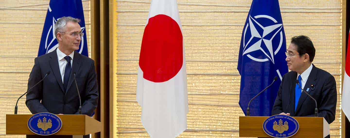 NATO Secretary General Jens Stoltenberg (on the left) and the Prime Minister of Japan Fumio Kishida (on the right) during the joint press statements. NATO Secretary General visited Japan in February 2023. Japan-NATO cooperation