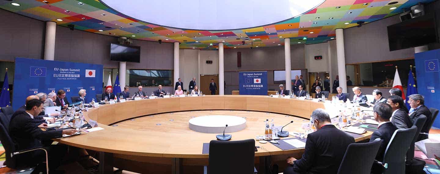 Roundtable of the EU - Japan Summit held in Brussels (Belgium) on 13 July 2023. At the table: Ursula von der Leyen (President of the European Commission), Charles Michel (President of the European Council) and Fumio Kishida (Prime Minister of Japan). Japan is the EU’s closest strategic partner in the Indo-Pacific region