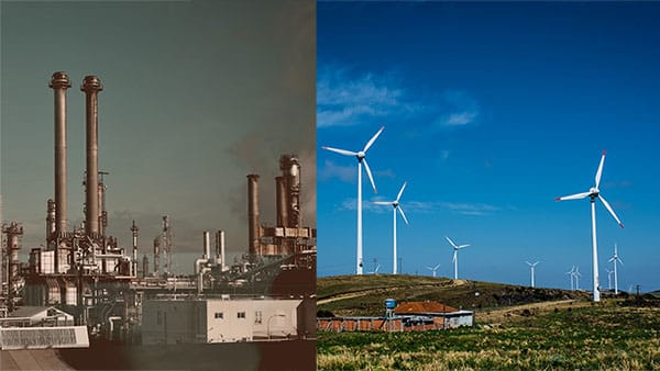 A la izquierda, una fábrica en Viena (Austria). Foto: Ellie Meh (@dellusia). A la derecha, un parque eólico de Copel y Wobben Windpower-Enercon en Palmas (Brasil). Foto: Carla Wosniak (CC BY 4.0 Deed).