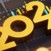 Imagen de un concepto de evolución de inversión y finanzas. Texto de año 2024 sobre un fondo de gráficos financieros y de inversión