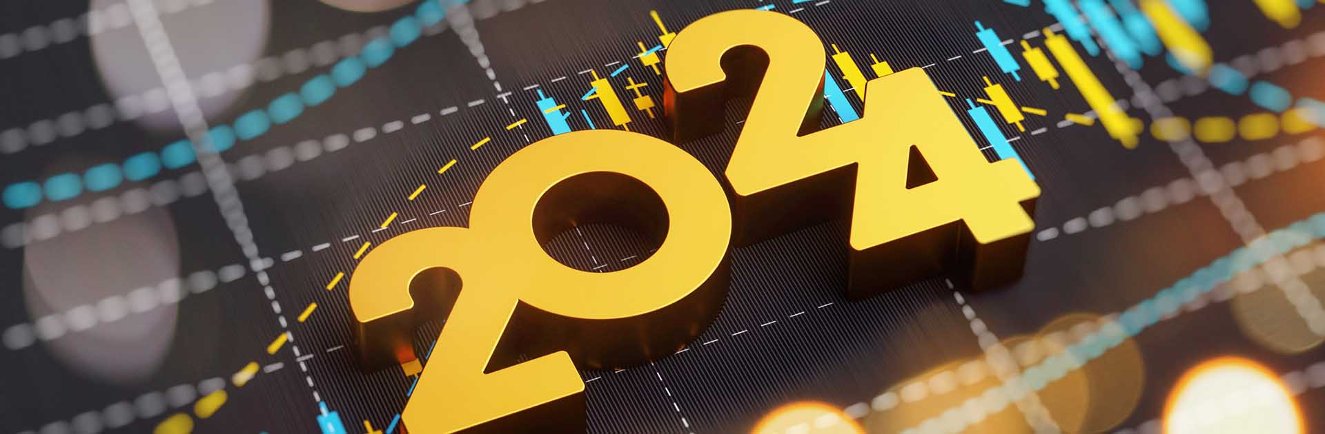 Imagen de un concepto de evolución de inversión y finanzas. Texto de año 2024 sobre un fondo de gráficos financieros y de inversión