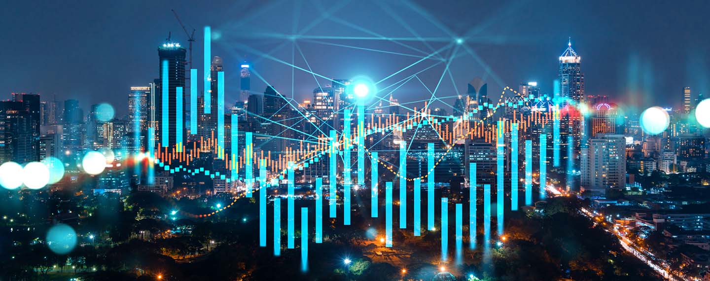 Panoramic aerial night landscape of Bangkok, capital of Thailand, one of the emerging markets, with a Forex hologram graphic