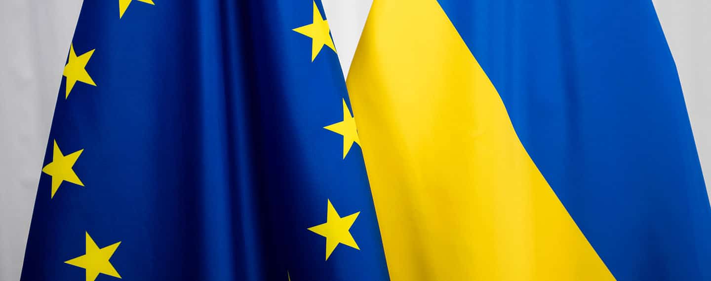 Flags of the European Union (on the left) and Ukraine (on the right)