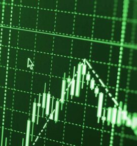 Stock market graph and bar chart price display in white on green screen computer