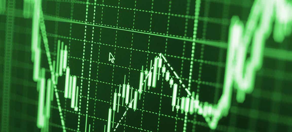 Stock market graph and bar chart price display in white on green screen computer