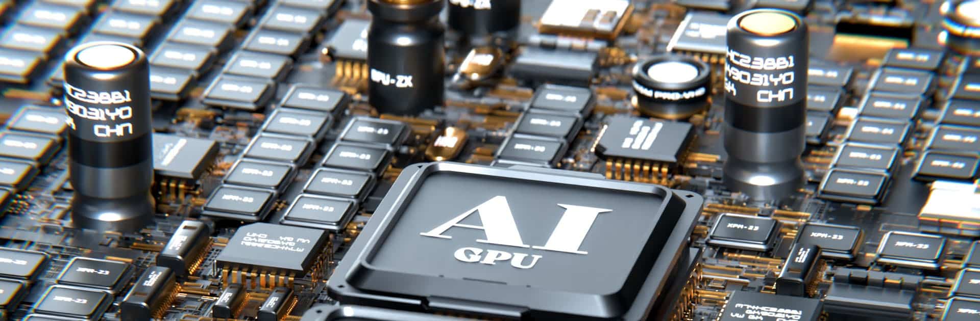 Dos procesadores de unidades de procesamiento gráfico (GPU) con un montón de chips alrededor en una placa base. IA generativa