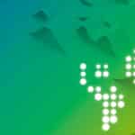 Background with gradient from blue to green. Abstract representation of a world map in white.