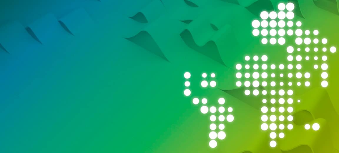 Background with gradient from blue to green. Abstract representation of a world map in white.