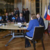 Volodymyr Zelensky, President of the Republic of Ukraine, Angela Merkel, German Chancellor, Vladimir Putin, President of the Russian Federation and Emmanuel Macron, President of the French Republic at the Summit on the war in Ukraine in Normandy at Salle Murat, Palais de l'Elysée.