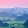 Campos de flores de colza en flor en el condado de Luoping (China) al atardecer.