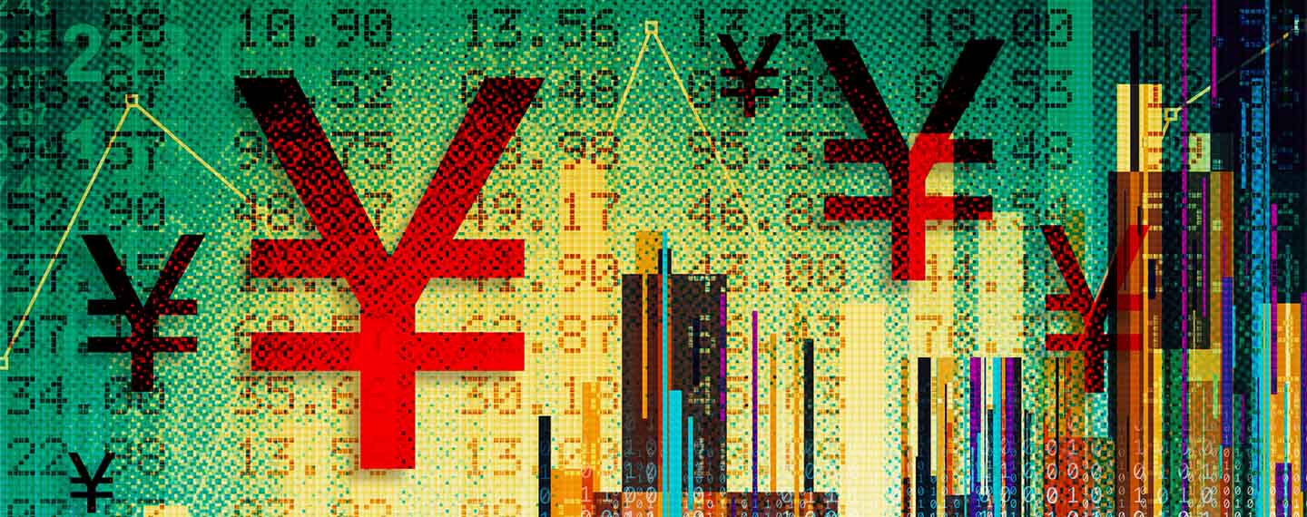 Ilustración financiera digital compuesta con símbolos del yen. China